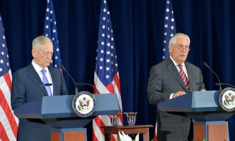 Secretaries Tillerson and Mattis address reporters in Washington, D.C. on June 21, 2017. (Image Source: https://blogs.state.gov/stories/2017/08/14/en/were-holding-pyongyang-account)