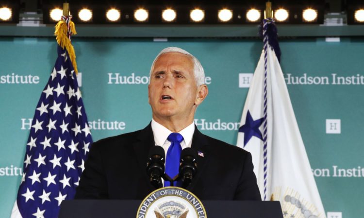 Vice President Mike Pence speaks, Oct. 4, 2018, at the Hudson Institute in Washington. (Image Credit: Voice of America)