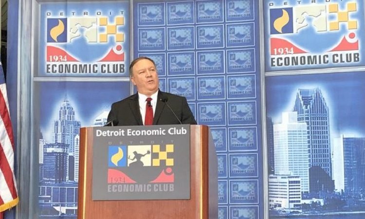Secretary of State Mike Pompeo speaks at the Detroit Economic Club, Detroit, Michigan, on June 18, 2018.