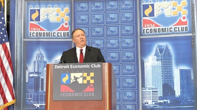 Secretary of State Mike Pompeo speaks at the Detroit Economic Club, Detroit, Michigan, on June 18, 2018.