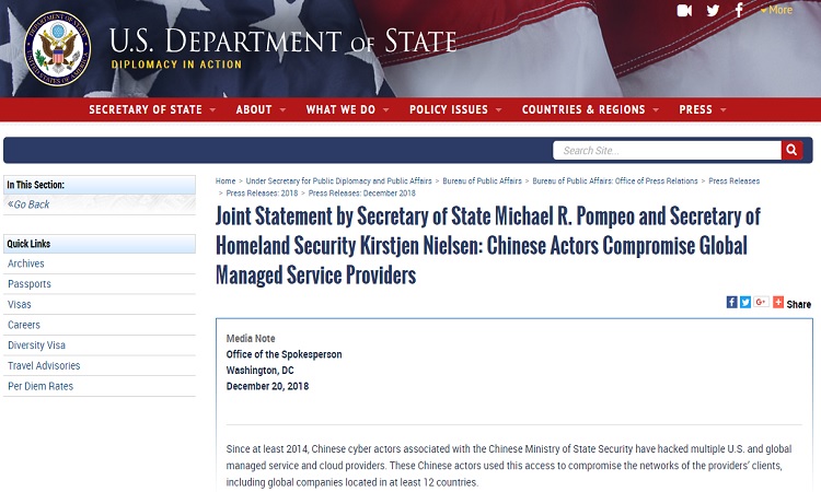 Joint Statement by Secretary of State Michael R. Pompeo and Secretary of Homeland Security Kirstjen Nielsen: Chinese Actors Compromise Global Managed Service Providers